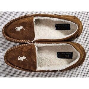 POLO Ralph Lauren Brown Faux Fur Moccasin Slippers, Size 8 Kids